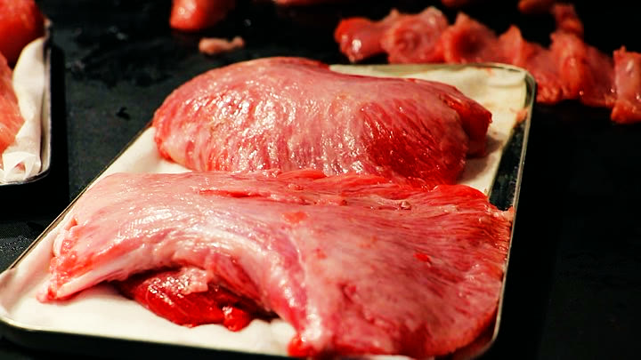 Freshly cut tuna on a tray